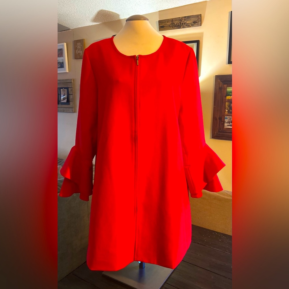 Vibrant Red Zip-Up Coat with Flared Sleeves